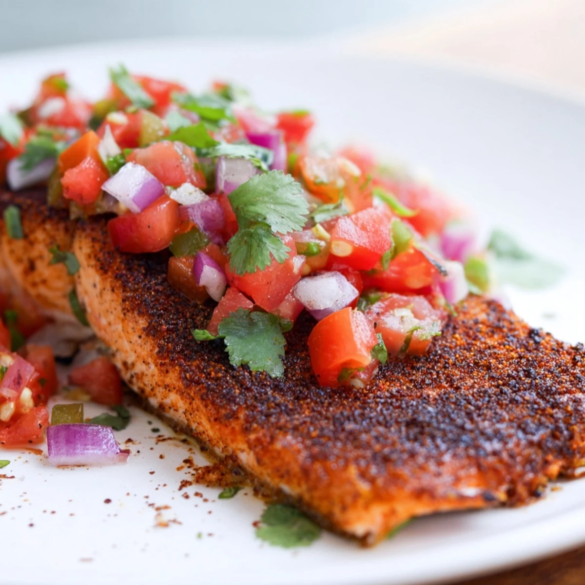 Healthy, gluten-free baked salmon topped with homemade salsa fresca on a plate, ready to serve immediately.