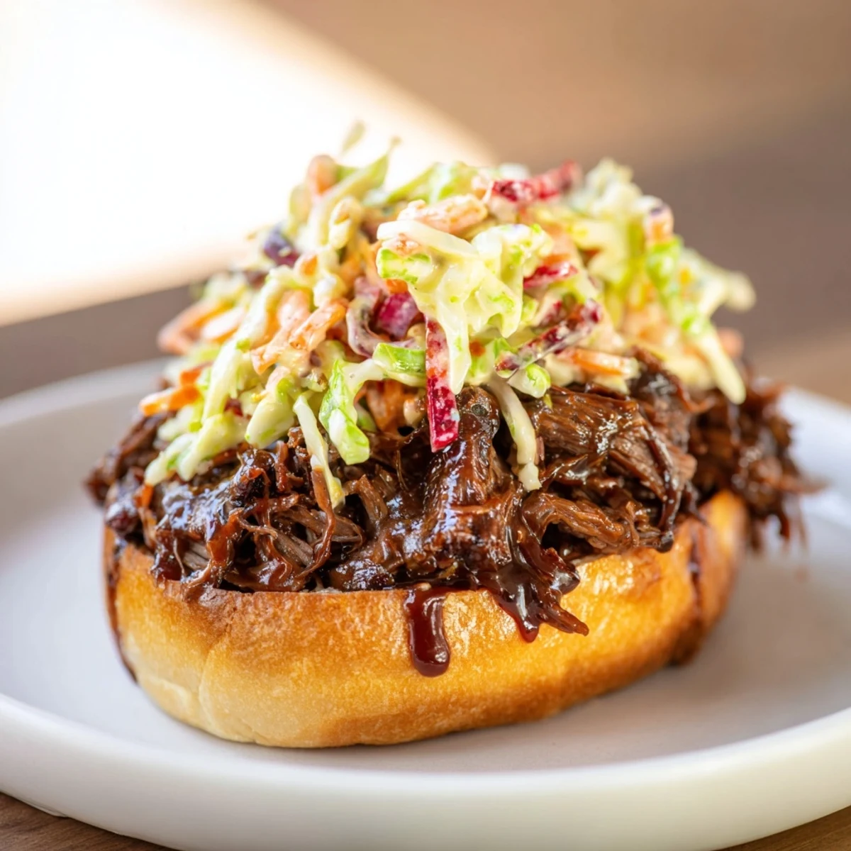 Golden-brown, tender pulled beef from a slow-cooked chuck roast piled high on a toasted brioche bun.