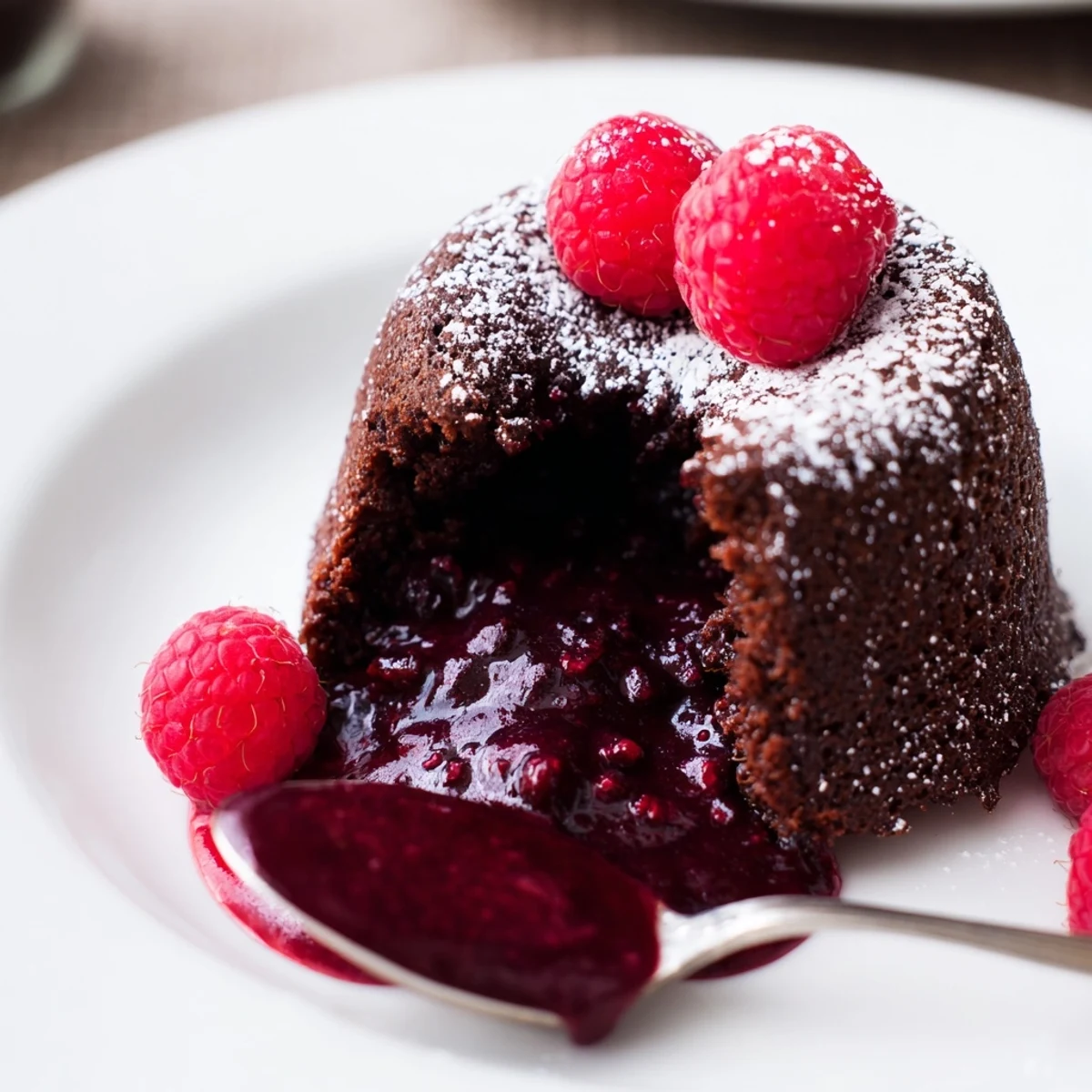 Warm chocolate lava cakes with raspberry sauce are presented on white plates, with fresh berries and a dusting of powdered sugar.  