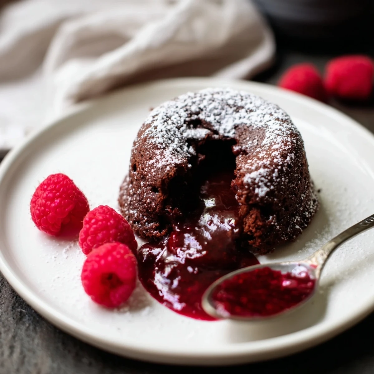 A spoon cuts into a decadent chocolate lava cake, revealing a molten center next to vibrant, tangy raspberry sauce.  