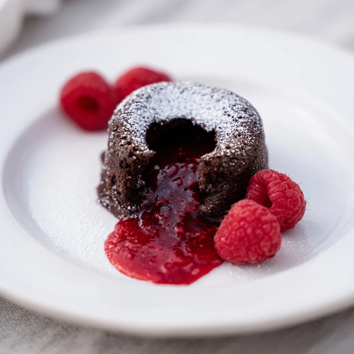 Individual chocolate lava cakes with raspberry sauce are plated for a sophisticated dessert, ideal for date nights or dinner parties.