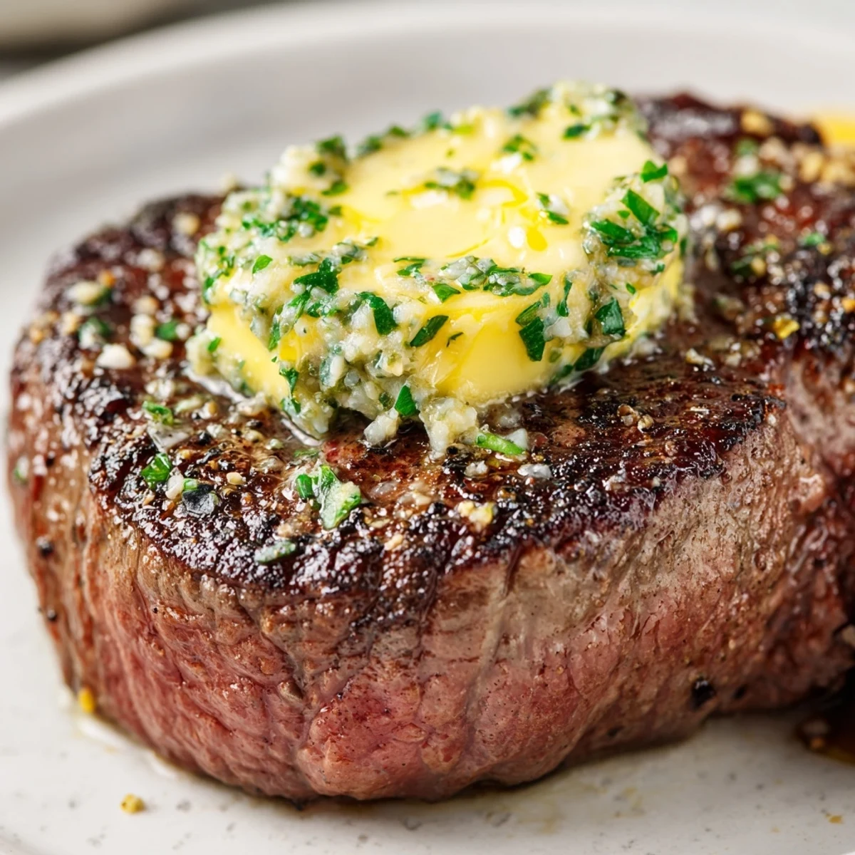 Golden-brown filet mignon steaks sizzling in a cast iron skillet, topped with a melting garlic herb butter.  