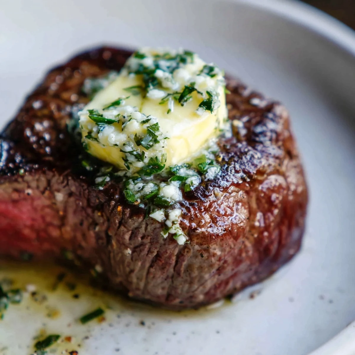 Tender, medium-rare filet mignon slices on a white plate, garnished with fresh parsley and lemon zest.  