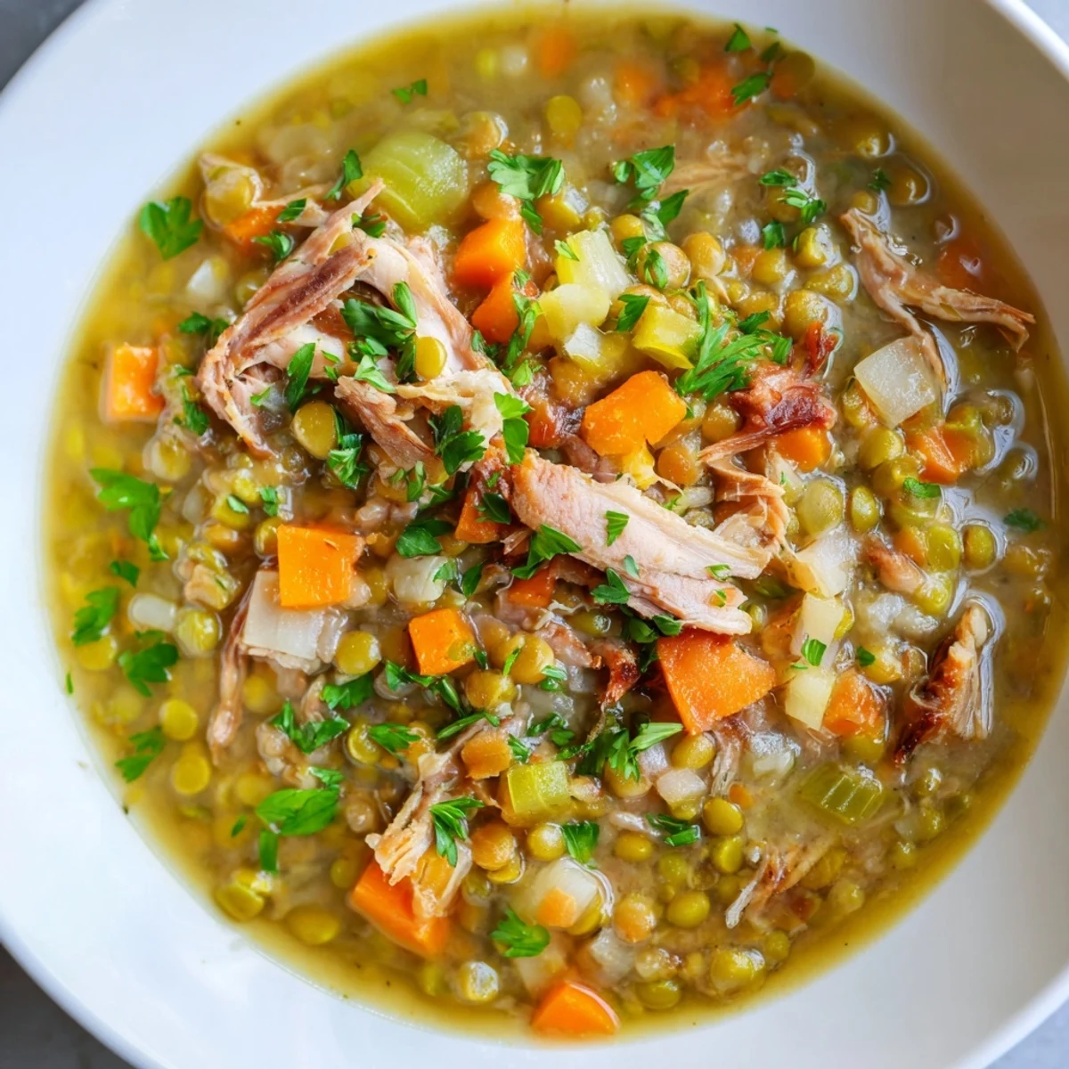 Hearty green split pea soup with smoked turkey ladled into a white bowl, paired with crusty bread for dipping.