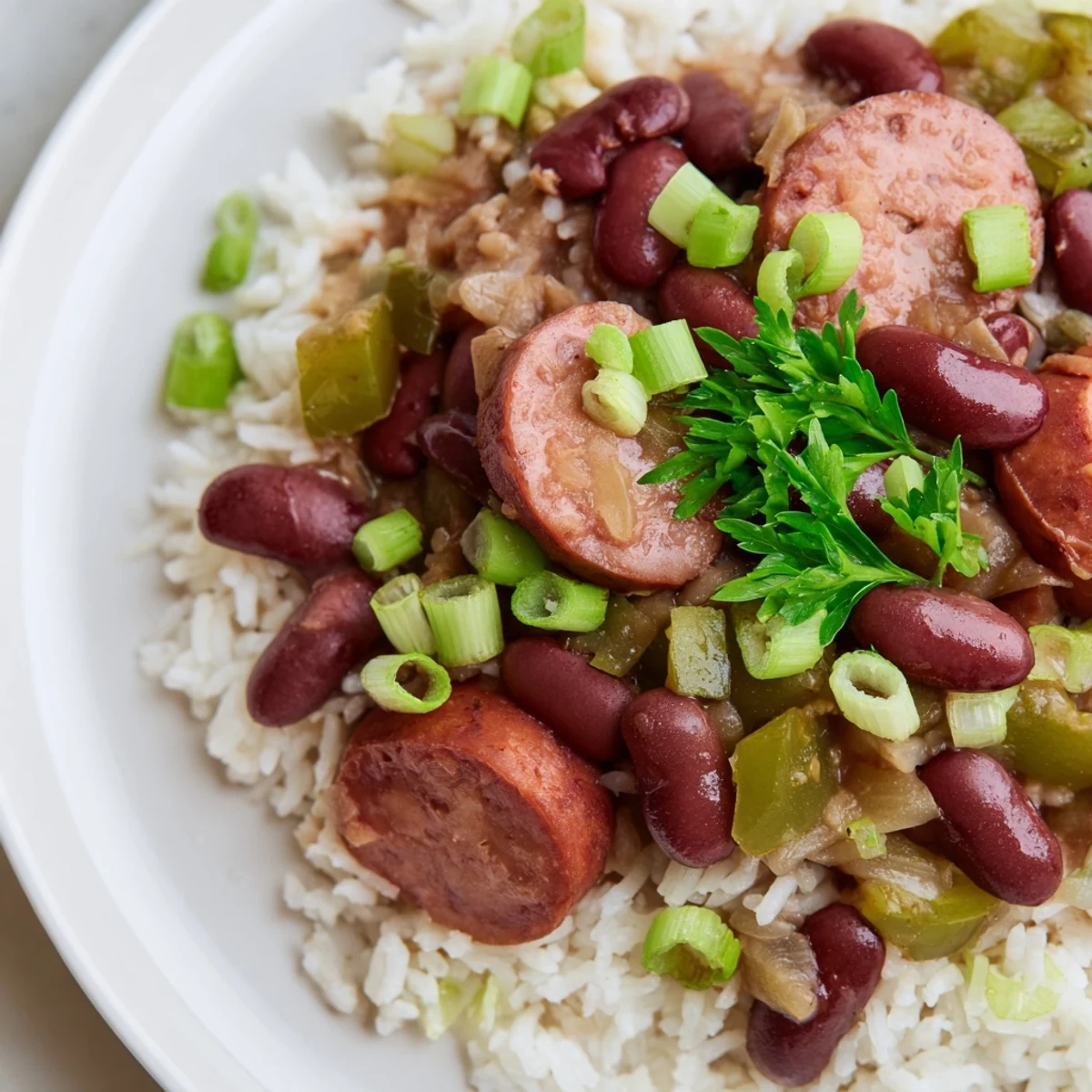 A bowl of Louisiana Style Red Beans and Rice, featuring creamy red beans and smoky andouille sausage served over fluffy white rice.