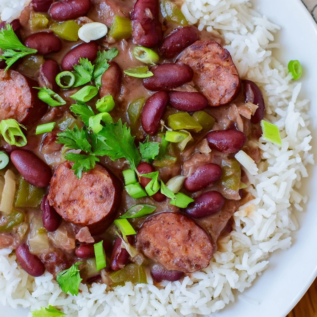 A close-up of Louisiana Style Red Beans and Rice with tender beans, diced vegetables, and garnished with fresh parsley and green onions.