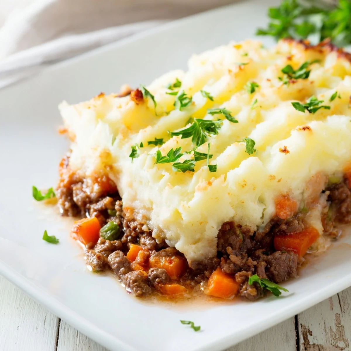 Close-up of St. Patricks Day Shepherds Pie showing savory lamb, peas, and fluffy mashed potato topping.  