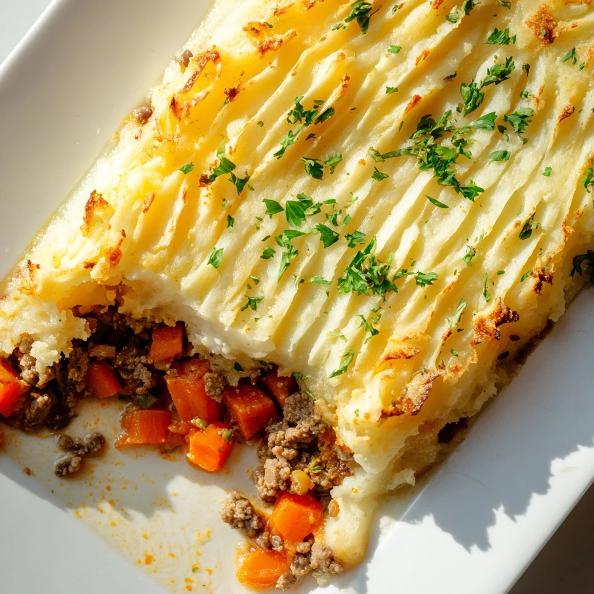 A hearty slice of St. Patricks Day Shepherds Pie on a plate with fresh parsley garnish.