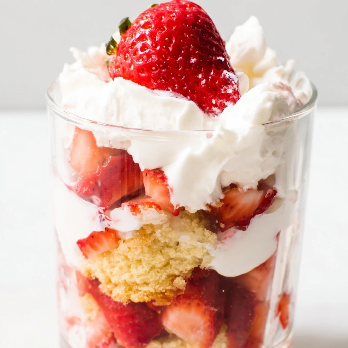 A close-up of the Sweetheart Strawberry Shortcake Parfait reveals glossy red berries and billowy cream in a glass.