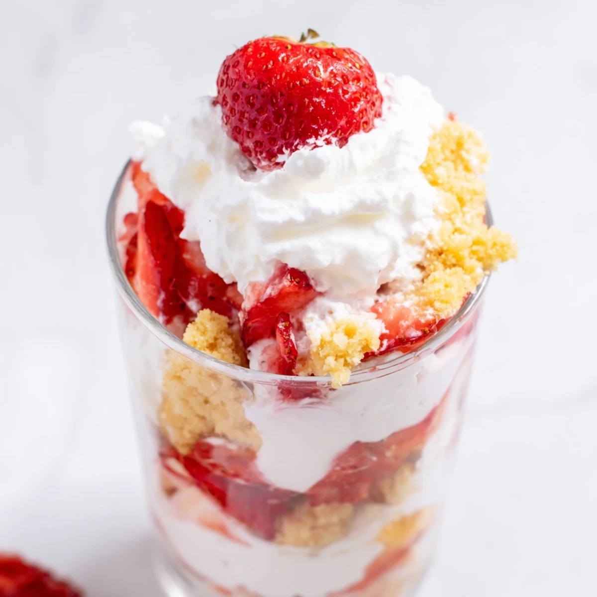 In a home kitchen, the Sweetheart Strawberry Shortcake Parfait is topped with a fresh strawberry slice, ready to serve.
