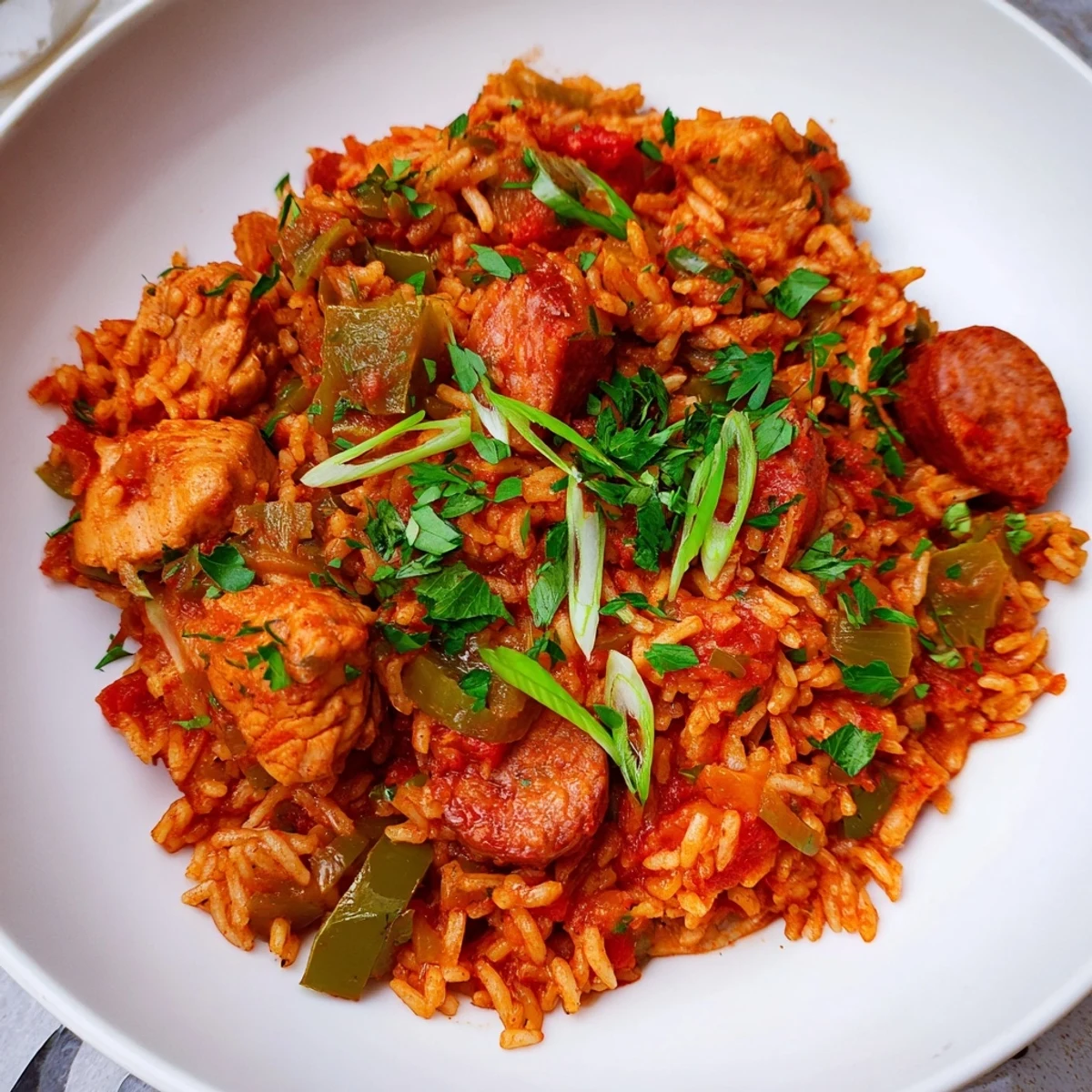 A close-up of Creole Jambalaya with Chicken and Halal Sausage, featuring tender meat and peppers in a rich tomato sauce.
