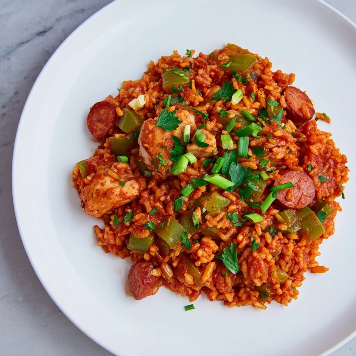 Spicy Creole Jambalaya with Chicken and Halal Sausage in a Dutch oven, garnished with fresh parsley and spring onions.