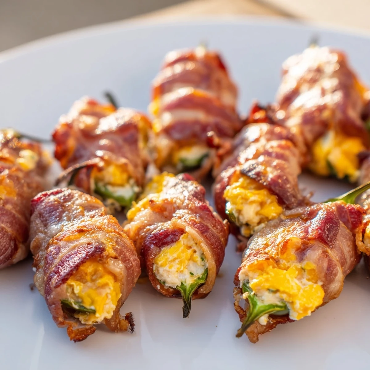 Close-up view of stuffed Game Day Jalapeno Poppers with Beef Bacon, showcasing melty cheddar and cream cheese filling.