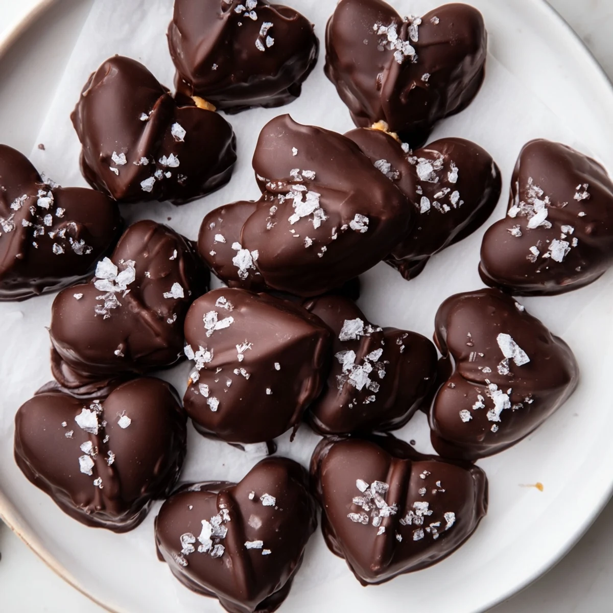 Decadent chocolate hearts filled with creamy peanut butter on a marble surface.
