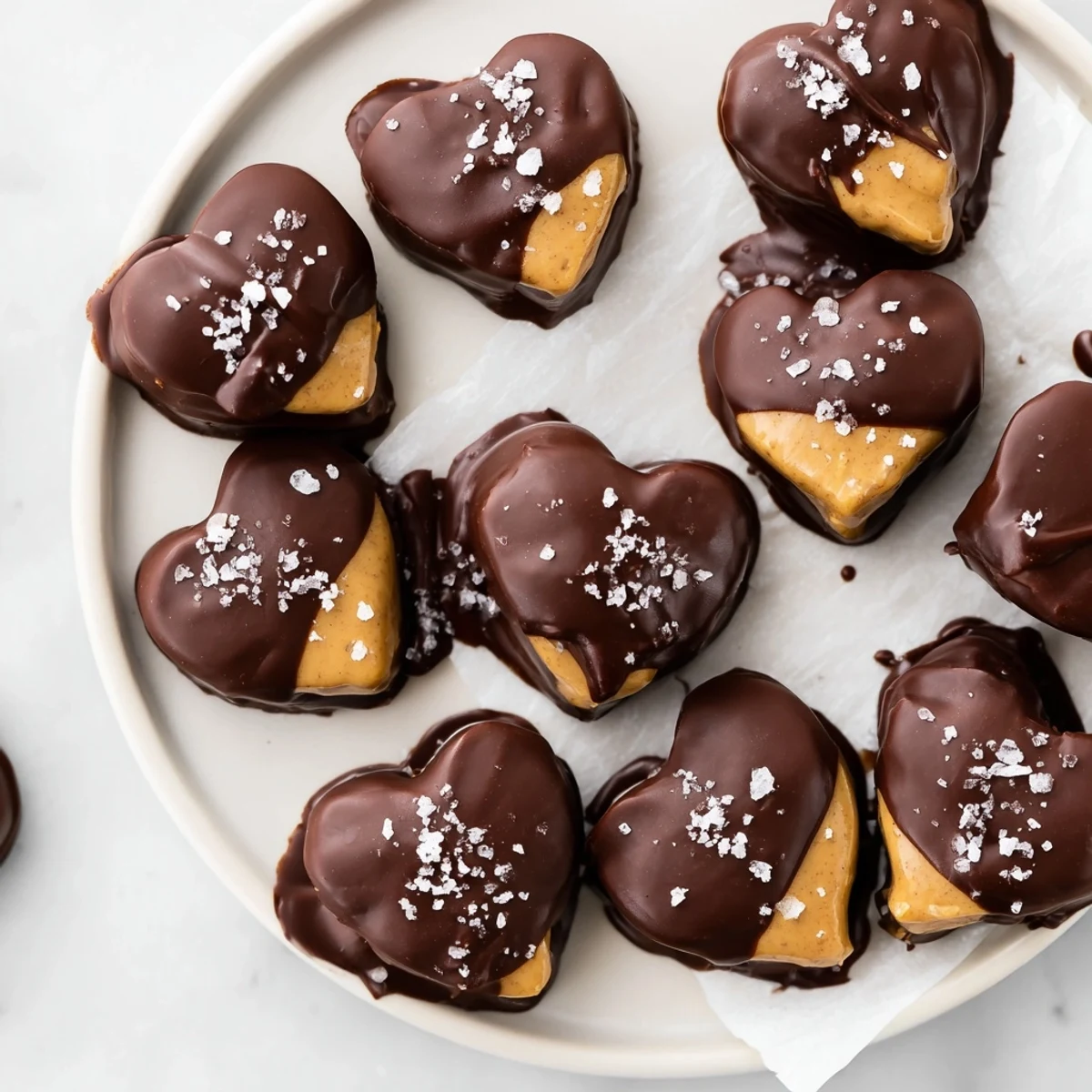 Chocolate Peanut Butter Hearts with a glossy finish and sprinkle of sea salt.