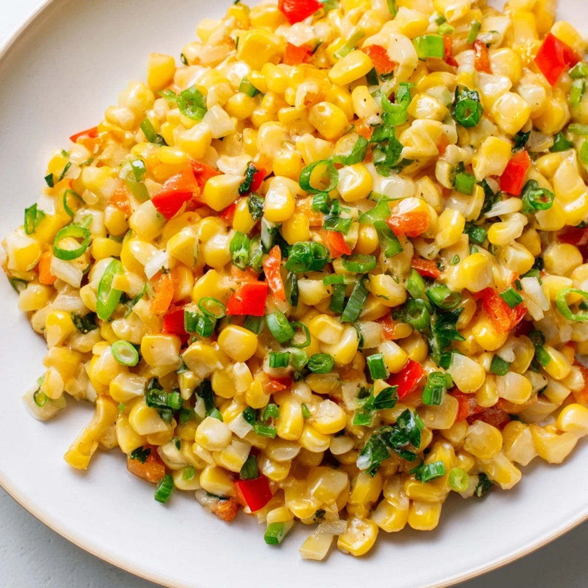 A close-up of Creole Corn Maque Choux, showcasing golden corn kernels and green onions garnish, perfect alongside grilled meats at a Southern dinner.