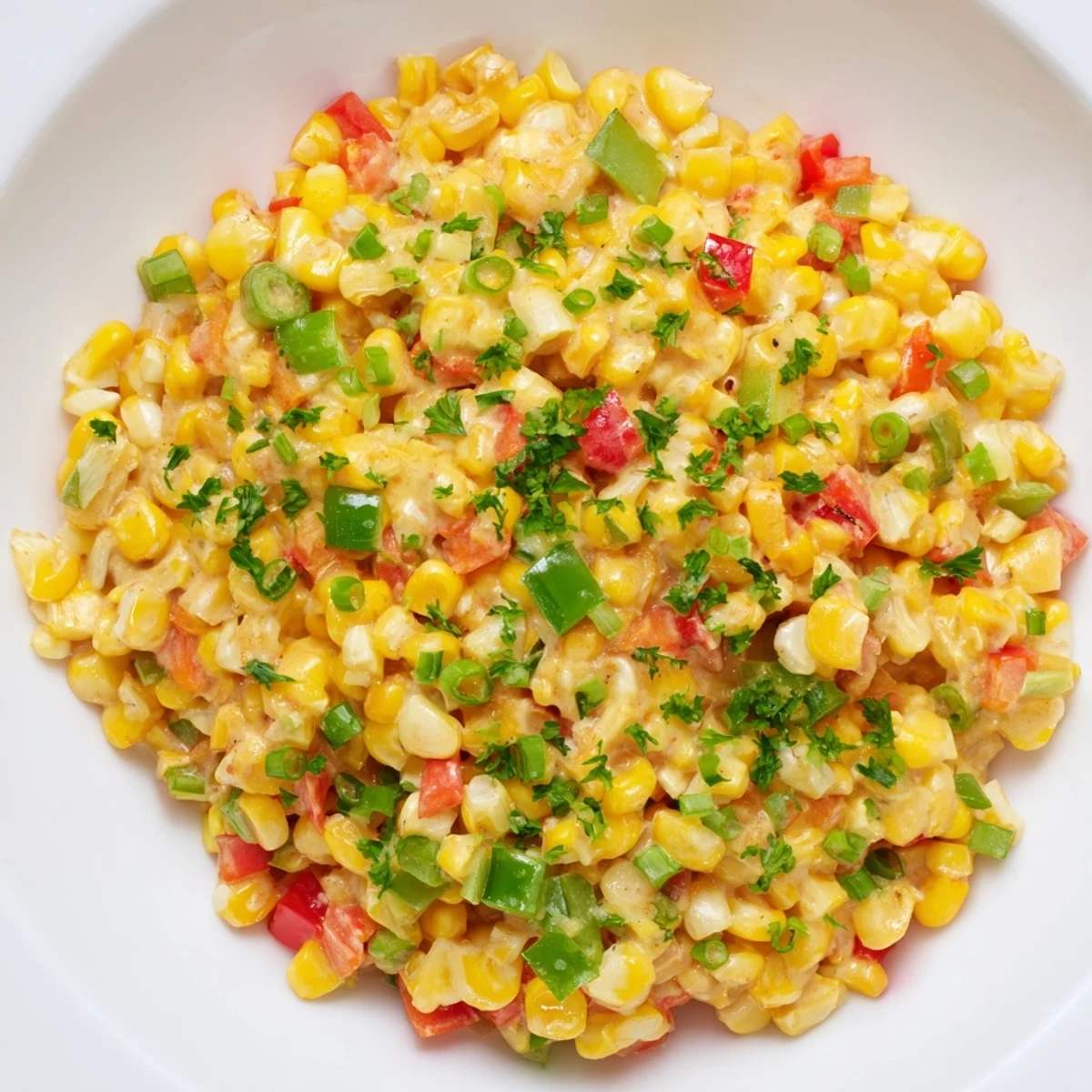 Pan of sizzling Creole Corn Maque Choux made with sweet corn, celery, and aromatic Creole spices, simmered in rich heavy cream for a comforting side.