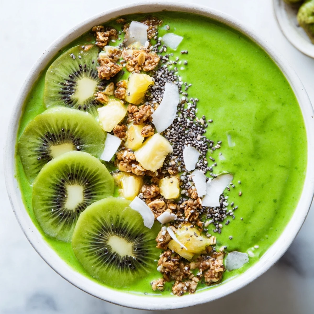 Bright green Green Smoothie Bowl with Spinach and Kiwi topped with sliced kiwi, granola, and coconut flakes in a ceramic bowl.