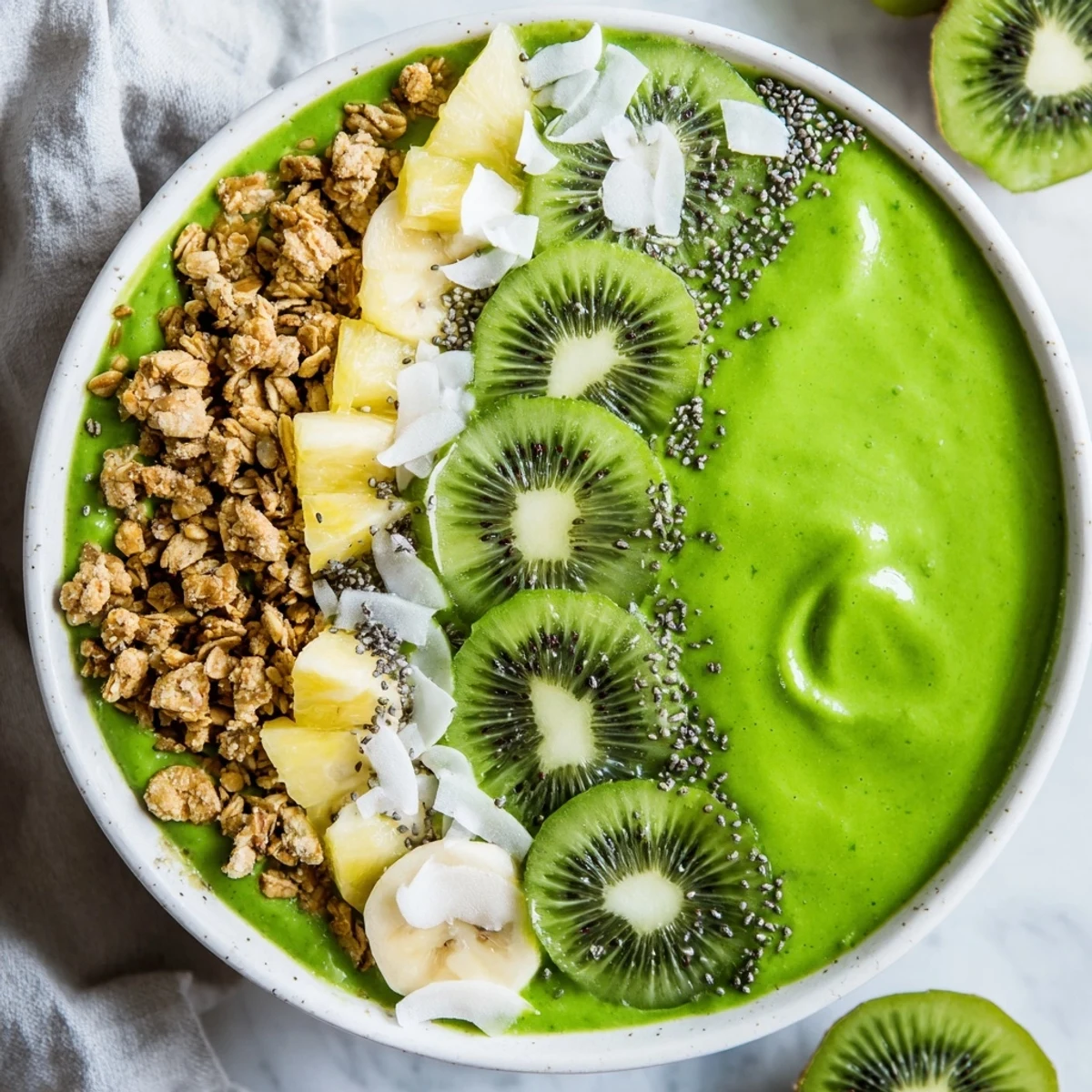 Vibrant Green Smoothie Bowl with Spinach and Kiwi loaded with fresh fruit toppings and berries, ready to eat on a marble counter.