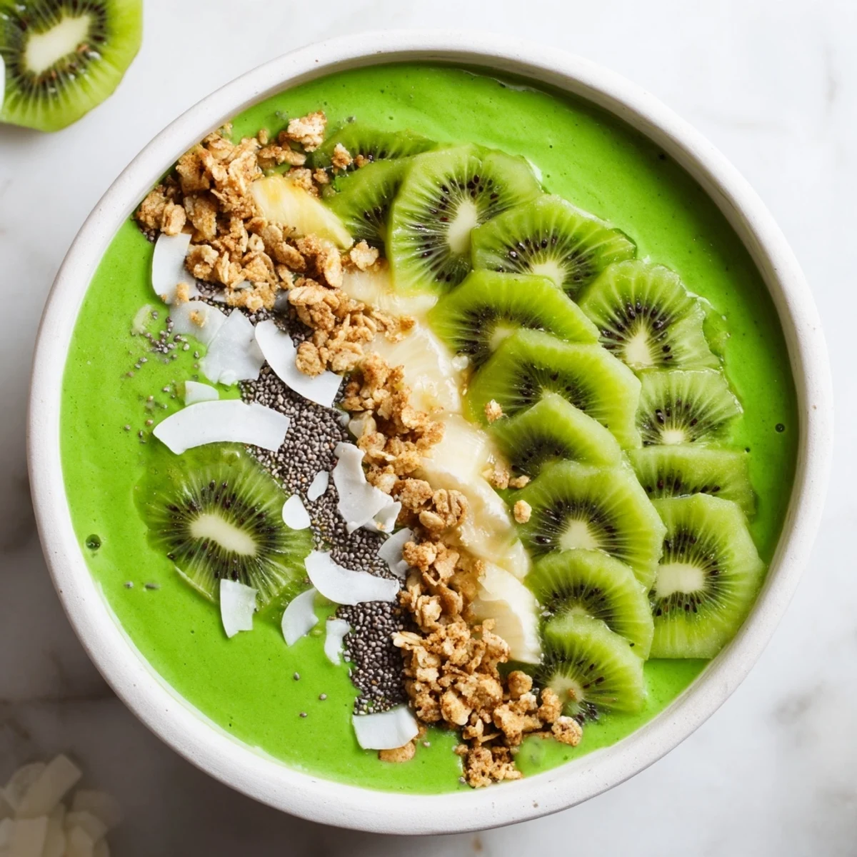 A thick, creamy Green Smoothie Bowl with Spinach and Kiwi sprinkled with chia seeds and served with a spoon for breakfast.