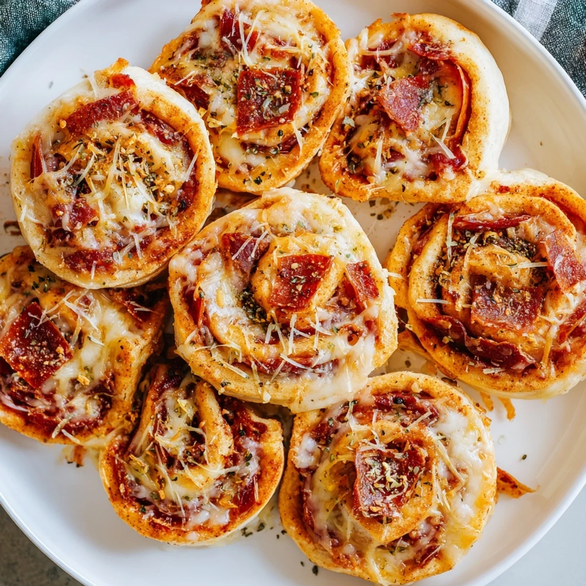 Freshly baked Game Day Pizza Rolls with Beef Pepperoni arranged cut-side up, ready to dip into warm pizza sauce for snack time.