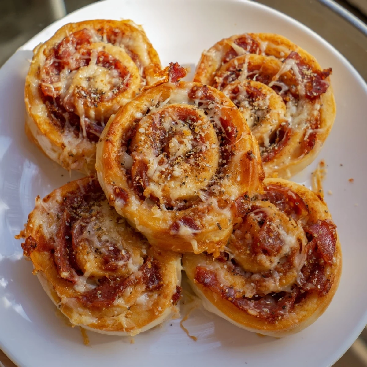 Close-up on Game Day Pizza Rolls with Beef Pepperoni revealing golden crust, chopped pepperoni, and gooey cheese filling, perfect for sharing.