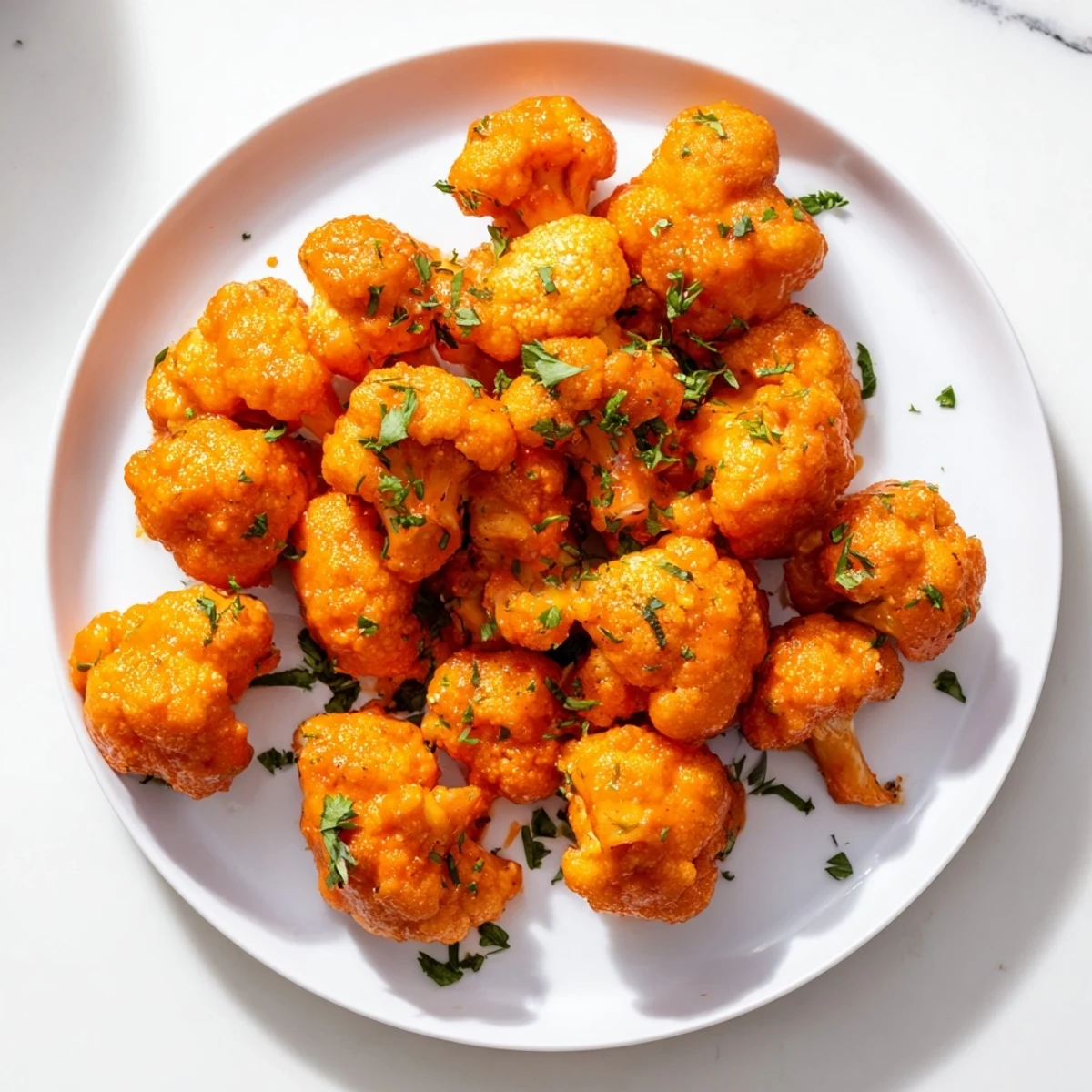 Golden-brown Big Game Buffalo Cauliflower Wings on a platter with crisp celery and carrot sticks.
