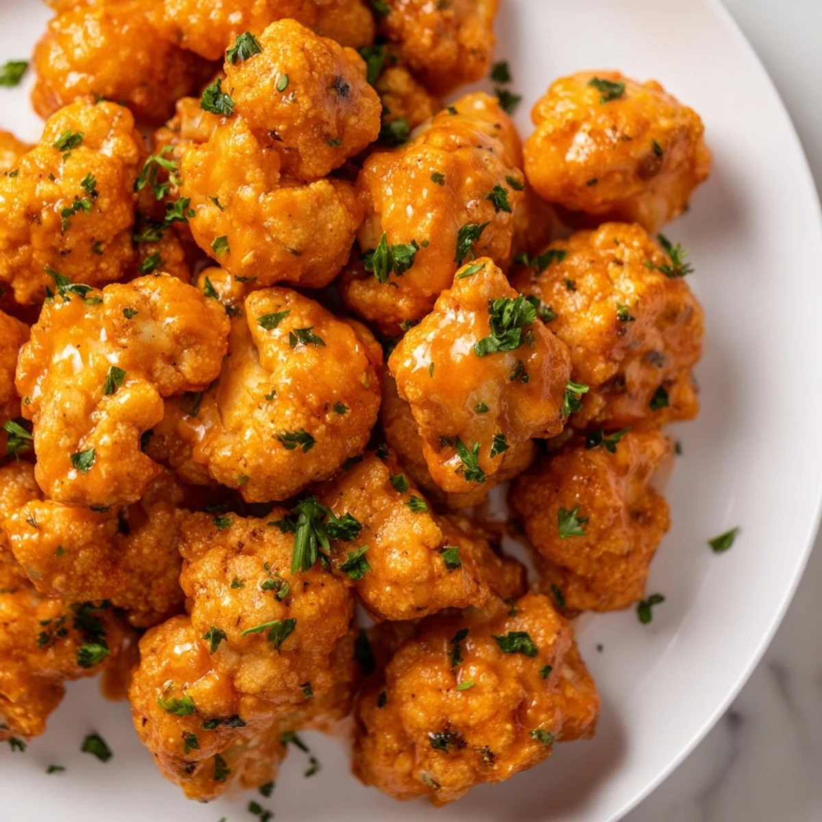 Freshly baked Big Game Buffalo Cauliflower Wings tossed in tangy sauce with blue cheese dip.