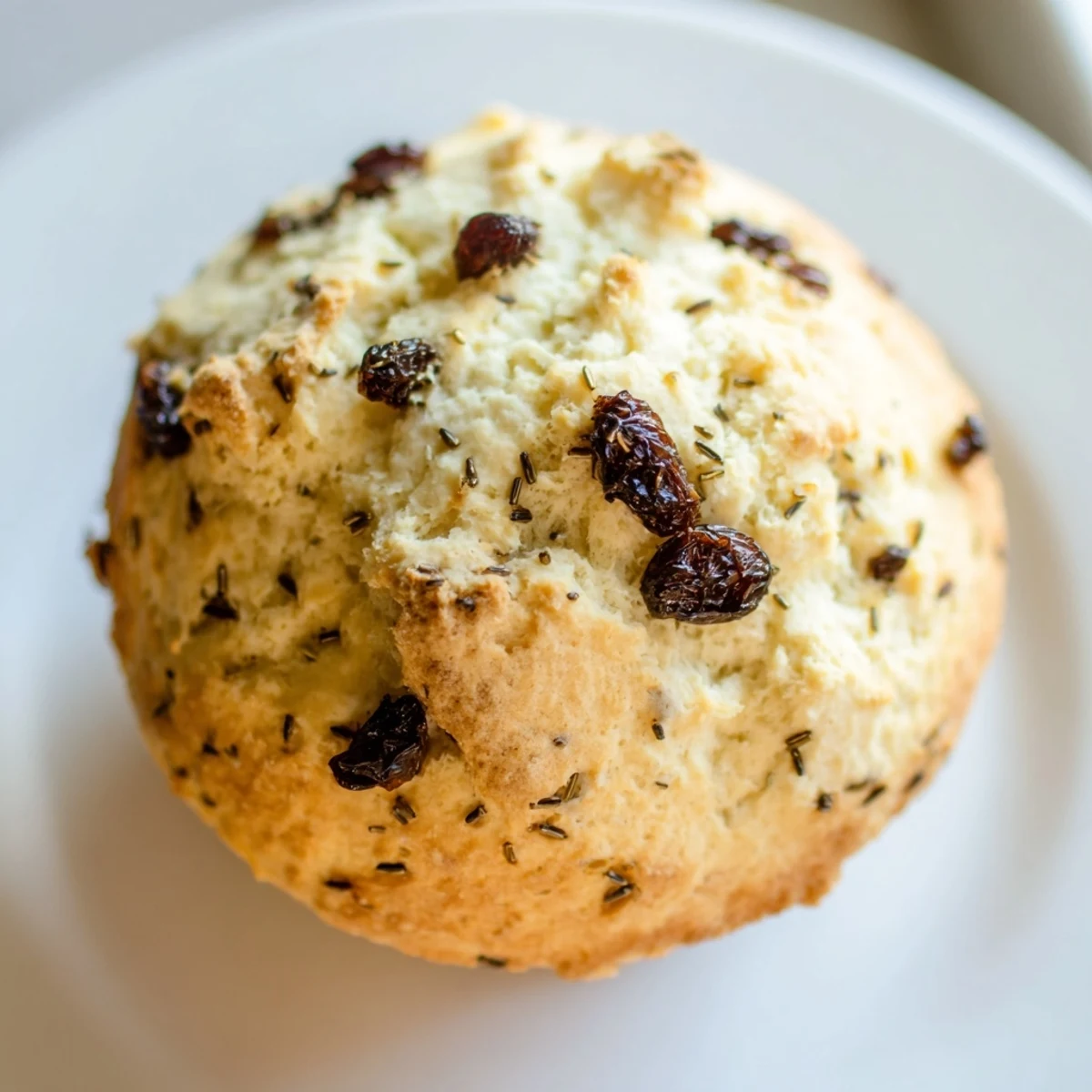 Freshly baked Irish Soda Bread Muffins with currants, golden and studded with fruit, served warm on a rustic wooden board.