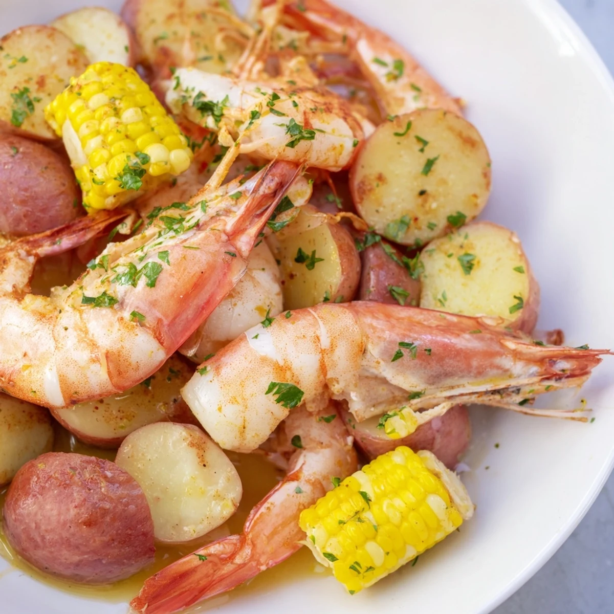 A vibrant Mardi Gras Shrimp Boil spills from a large pot, showcasing plump pink shrimp, golden corn, and spicy andouille sausage.