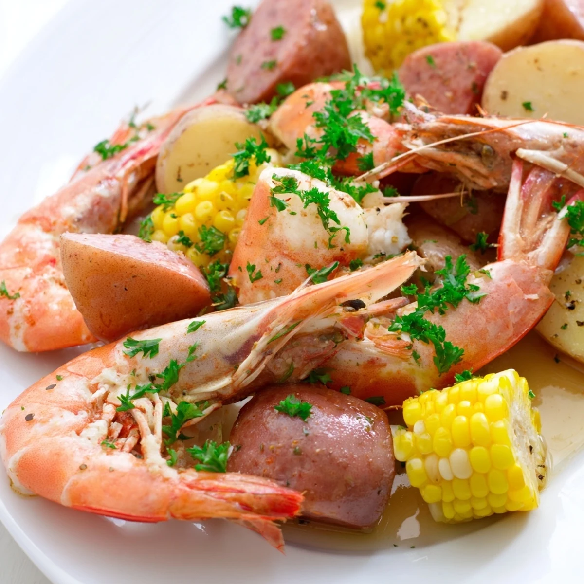 A rustic table spread displays Mardi Gras Shrimp Boil with lemon wedges, melted butter, and fresh parsley, perfect for Mardi Gras parties.