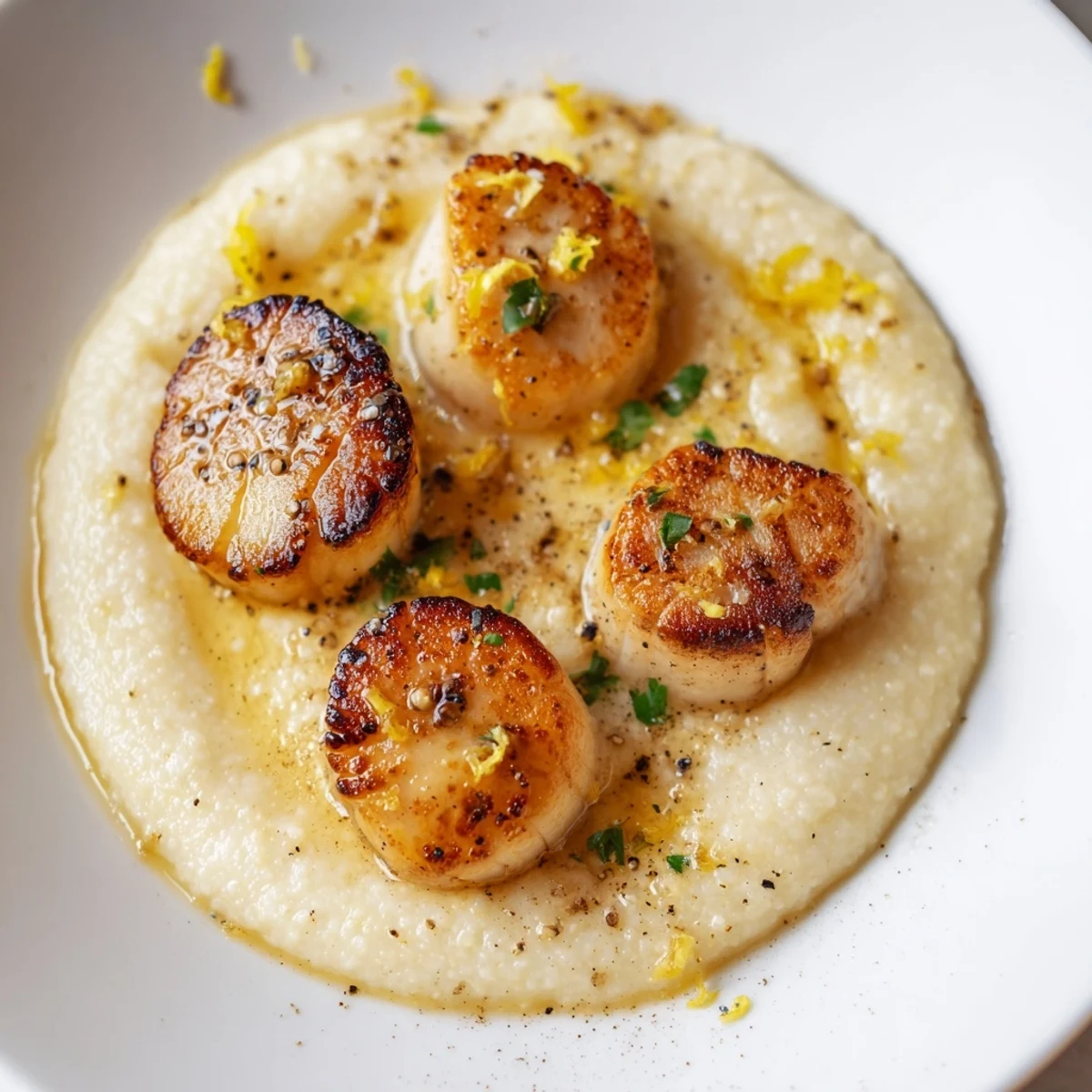 Golden seared Romantic Scallops with Polenta sit on creamy parmesan polenta with a lemon-herb butter drizzle, garnished with fresh parsley.