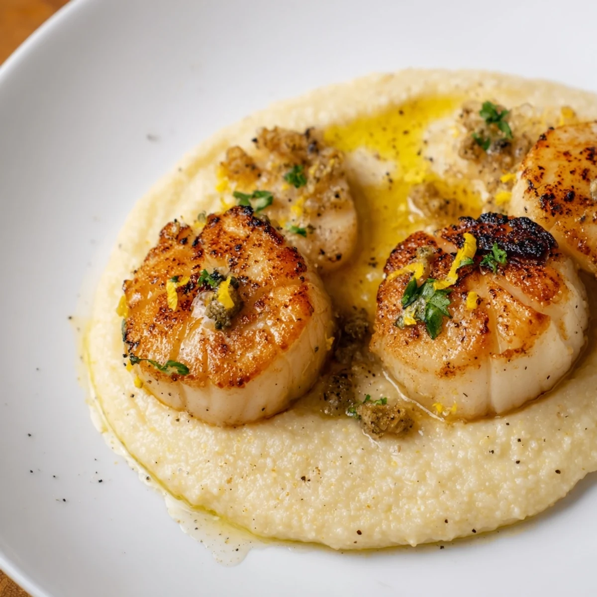 Close-up of Romantic Scallops with Polenta, showcasing tender scallops on creamy polenta, drizzled with lemon-herb butter.