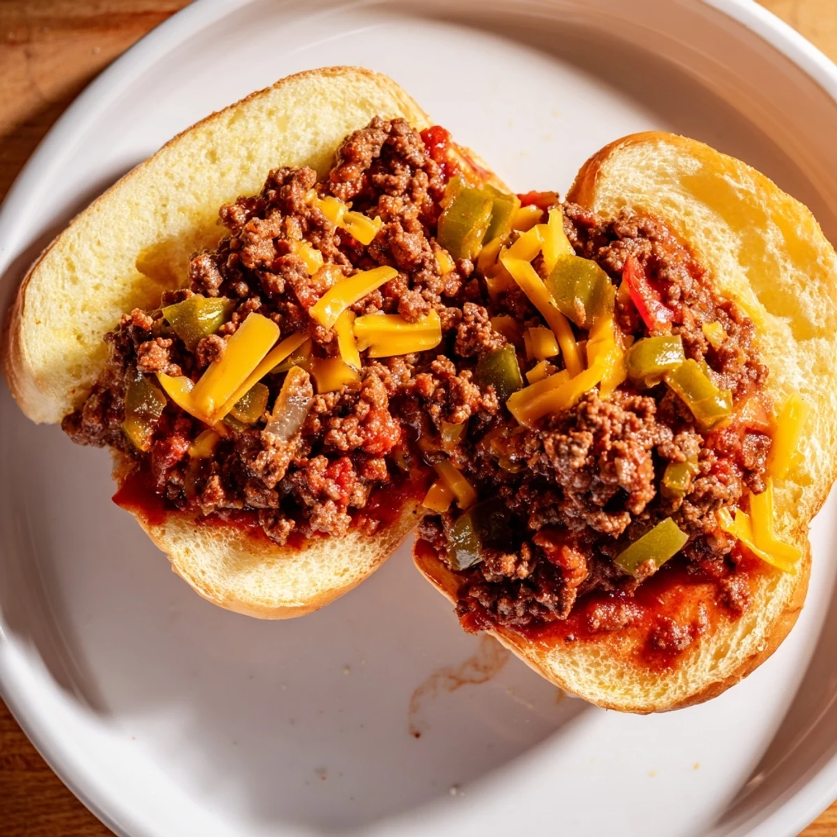 Hearty Beef Sloppy Joes on toasted buns, simmered in rich tomato sauce with sautéed onions and peppers.