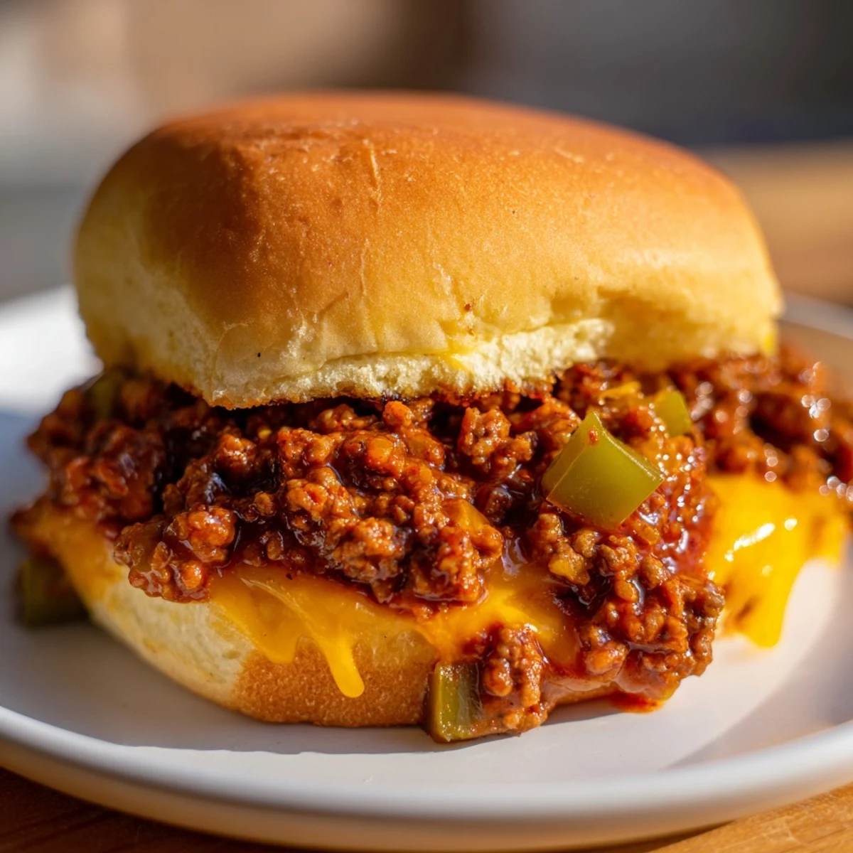 Warm, saucy Beef Sloppy Joes on buttery toasted buns, topped with dill pickles on a rustic plate.