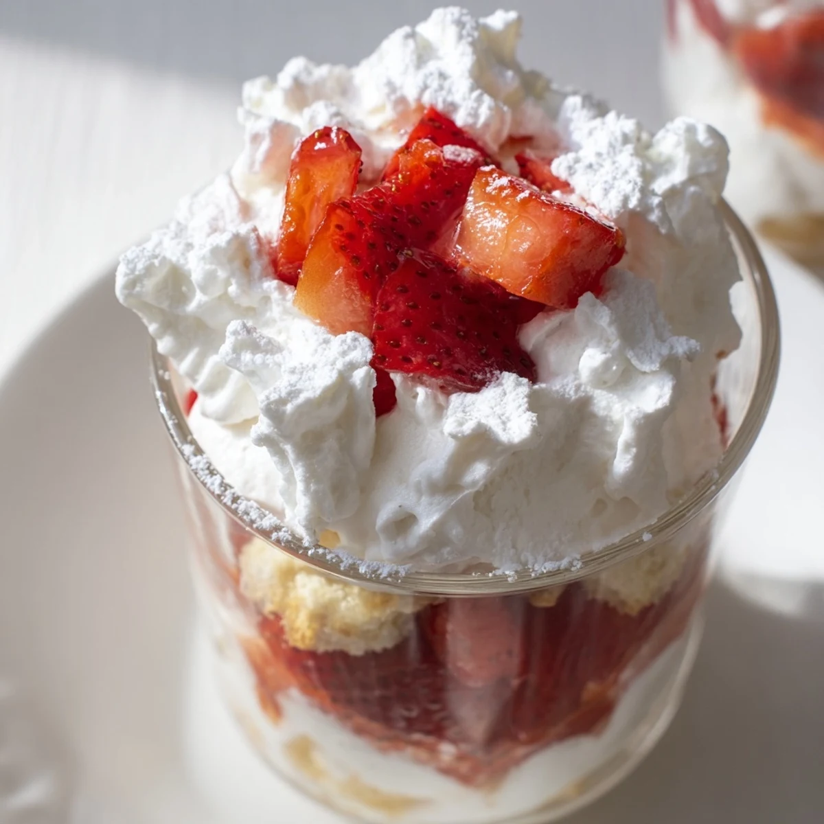 Golden-brown Valentine Strawberry Shortcake cups filled with layered fresh strawberries and fluffy whipped cream, served in clear glasses.