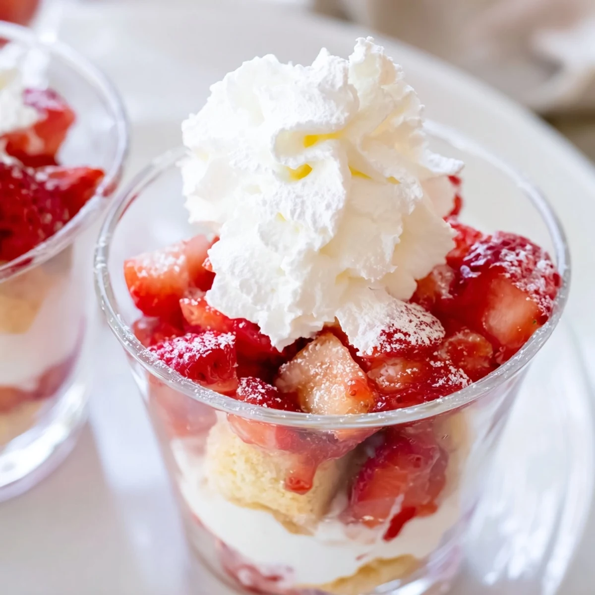 Crumbled shortcake, sweet macerated strawberries, and vanilla whipped cream layered in Valentine Strawberry Shortcake cups for an easy treat.