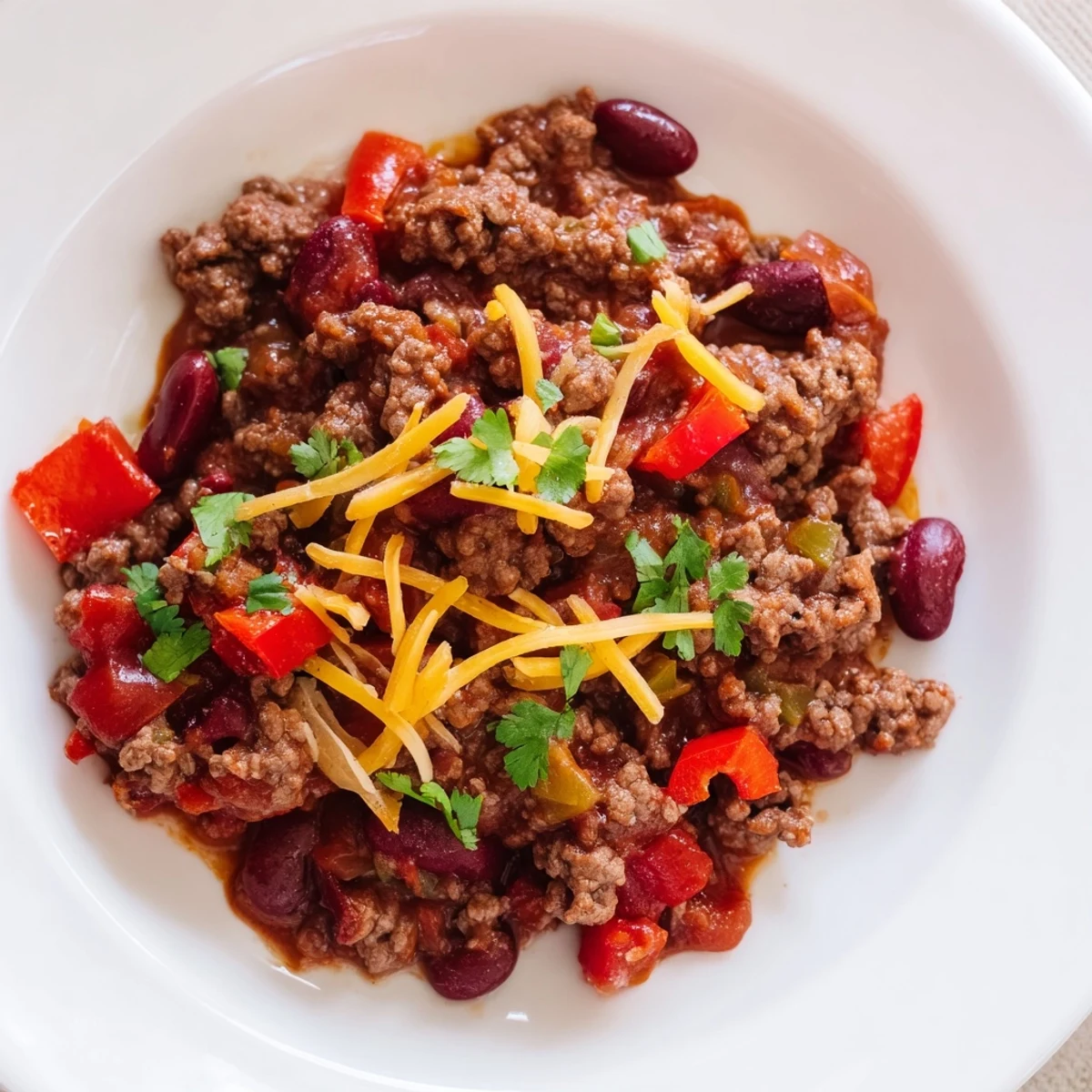 A steaming bowl of Beef Chili with Kidney Beans topped with melted cheddar and sour cream.  