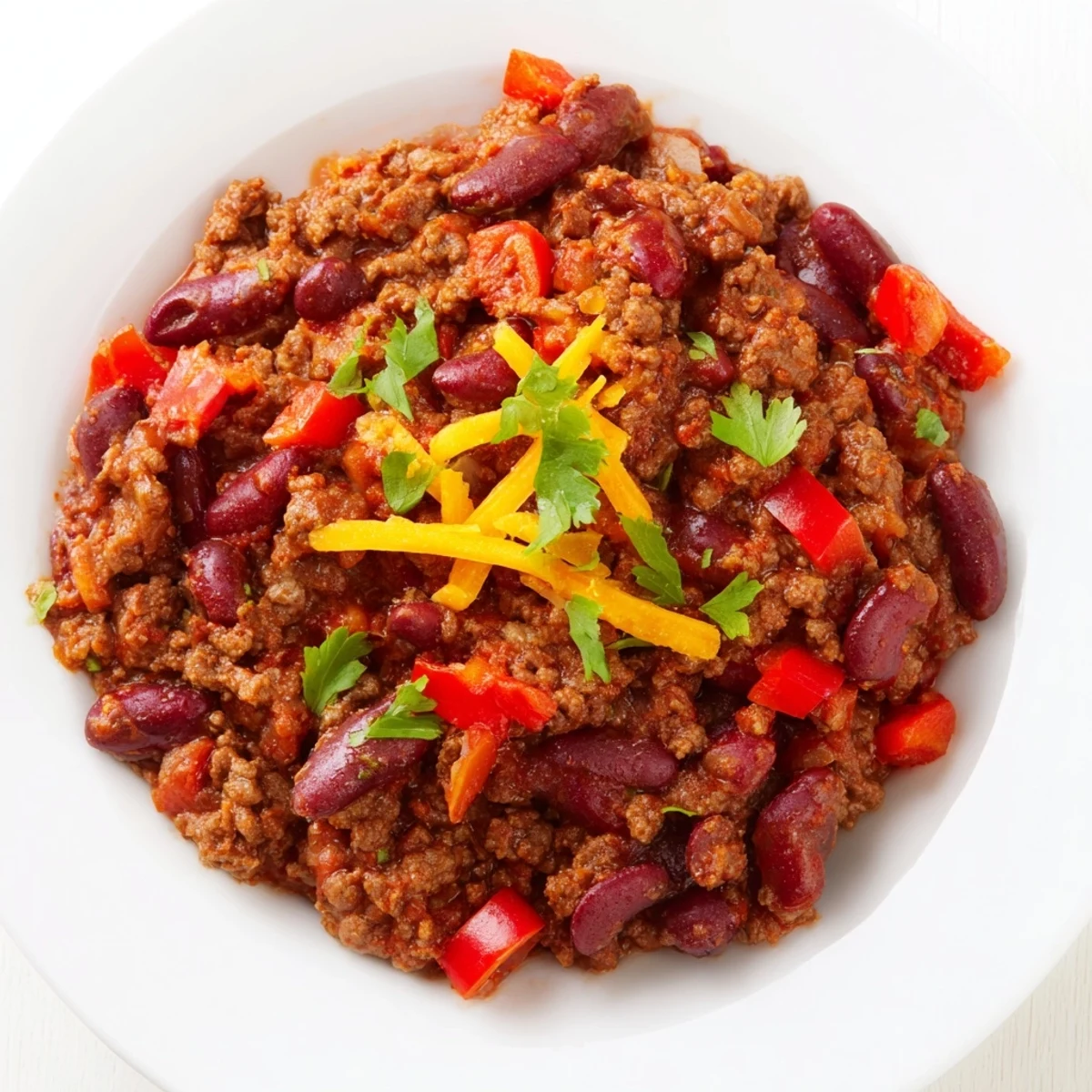 Hearty Beef Chili with Kidney Beans simmering in a pot with spices and fresh cilantro.  
