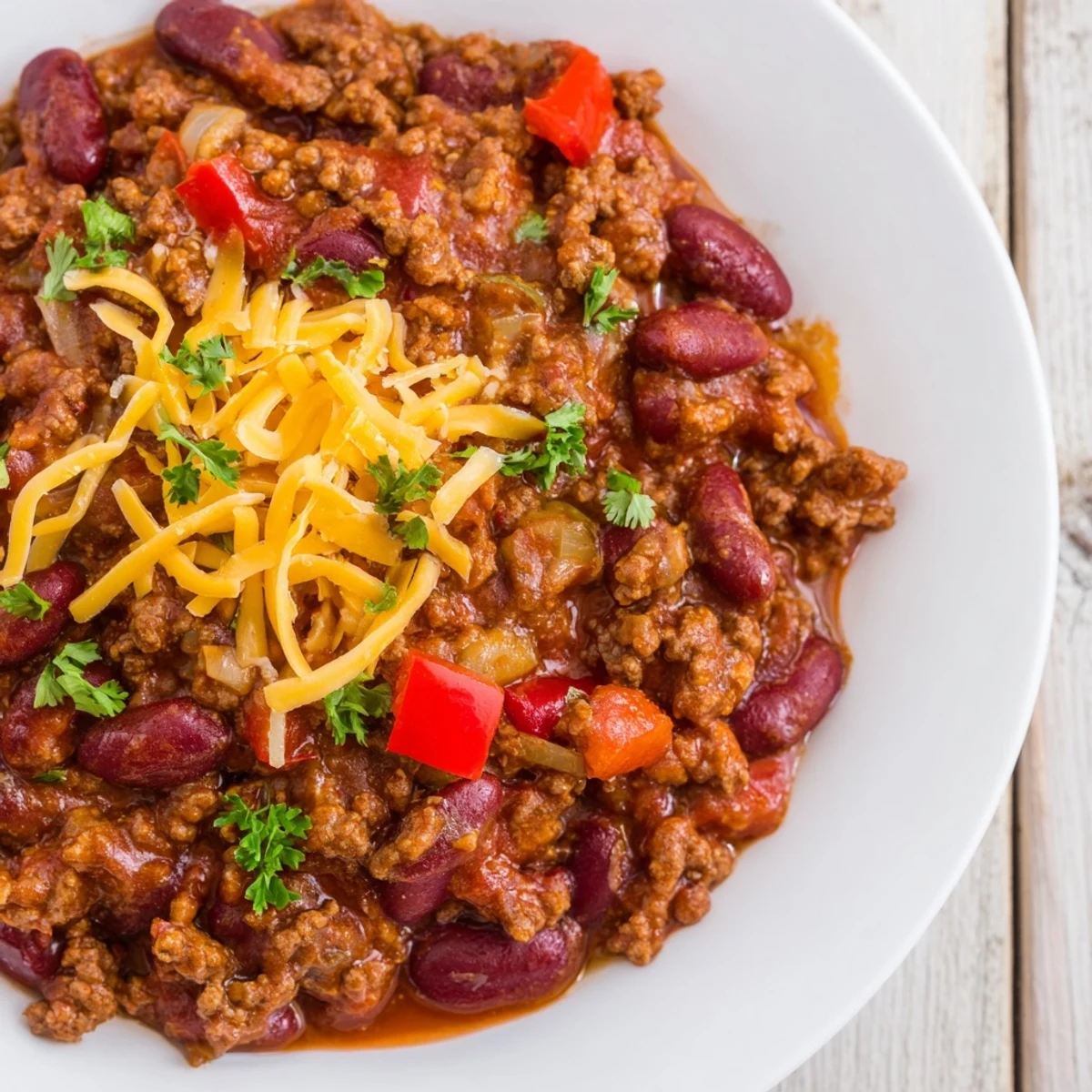 Serving suggestion for Beef Chili with Kidney Beans alongside warm cornbread on a rustic table.