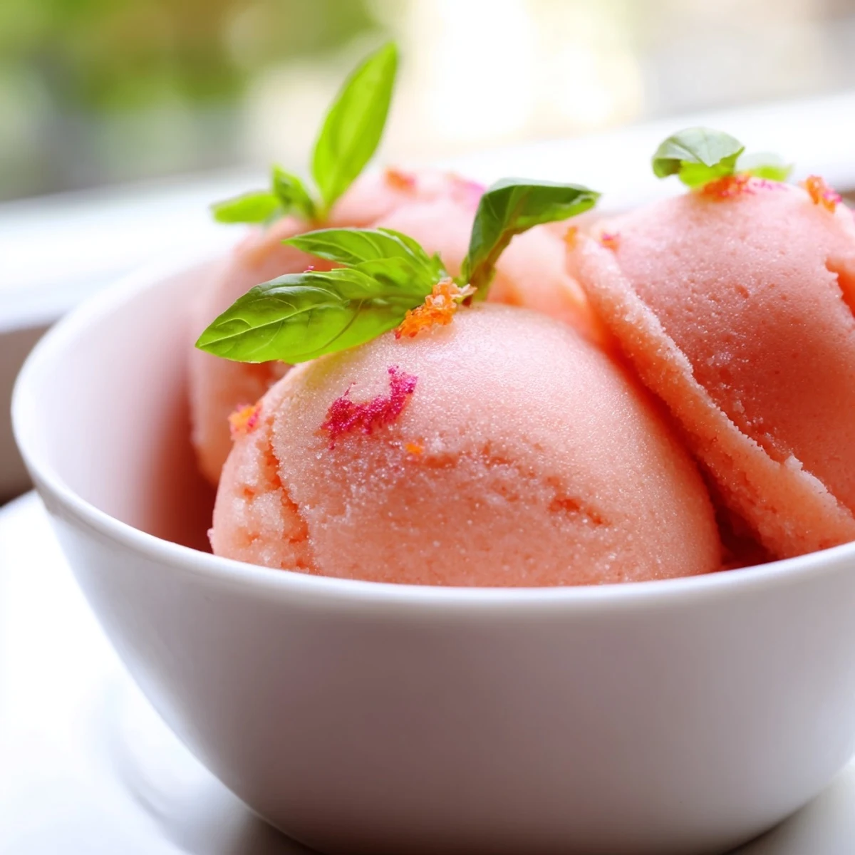 The vibrant pink grapefruit sorbet with basil served in a clear glass bowl, glistening with condensation and garnished with fresh basil leaves.