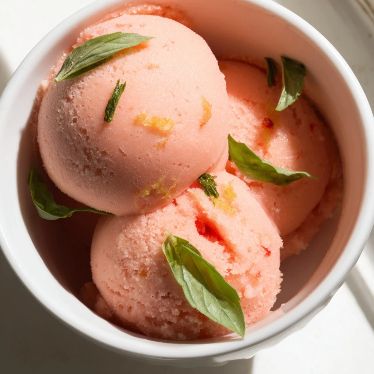 A close-up scoop of homemade pink grapefruit sorbet with basil, showcasing its smooth, frosty texture and a zest garnish.