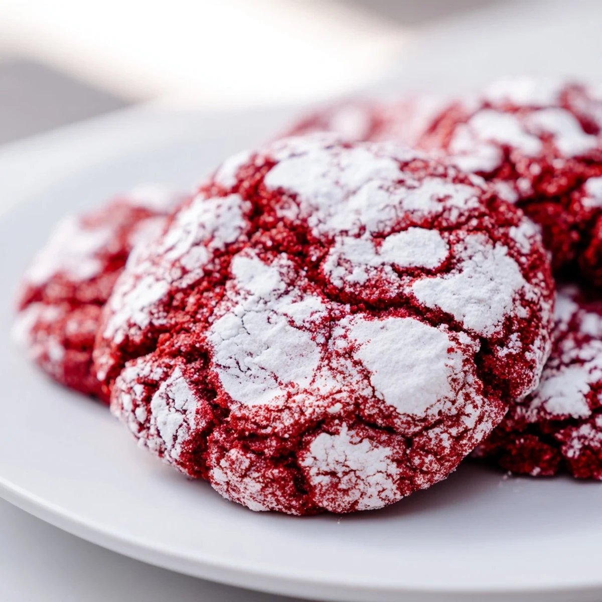 A close-up of baked Red Velvet Crinkle Cookies showing their moist crumb and rich red hue beside a glass of milk.  