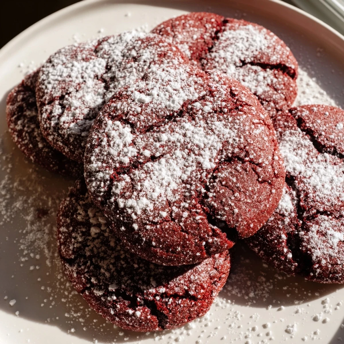 Festive Red Velvet Crinkle Cookies dusted with powdered sugar, with a soft, chewy interior and crackled tops on a cooling rack.  