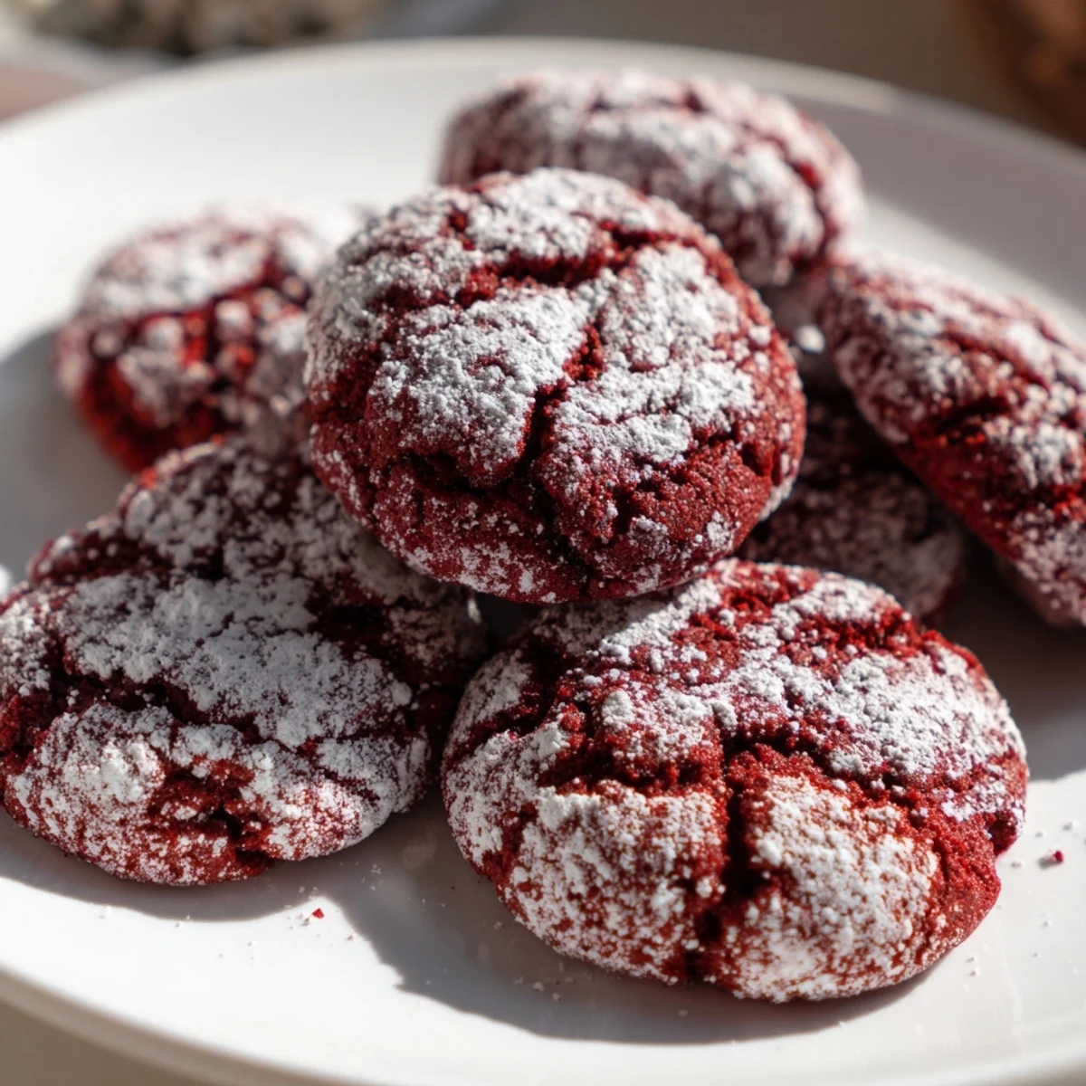 Holiday platter of Red Velvet Crinkle Cookies with powdered sugar coating, perfect for Christmas parties or cozy winter gatherings.