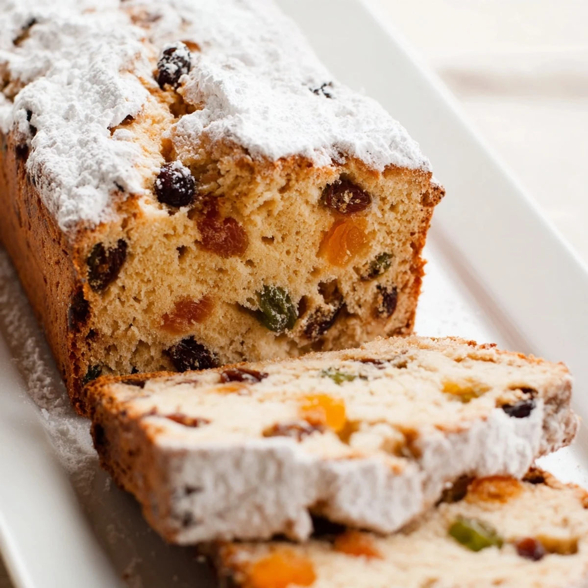 A freshly baked Irish Tea Cake with Dried Fruit sits on a wooden board, dusted with powdered sugar.  