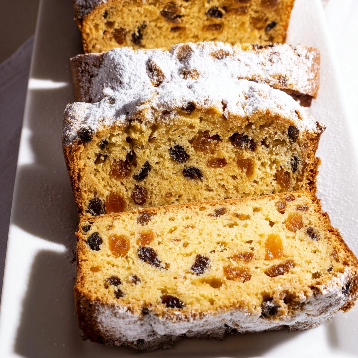 Golden loaf of Irish Tea Cake with Dried Fruit, sliced to reveal moist interior with plump fruit pieces.  