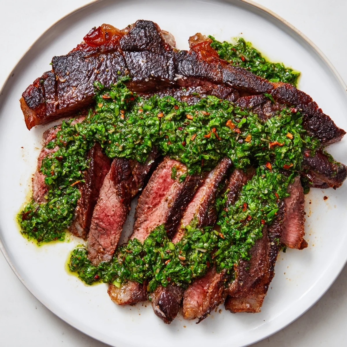Thick, juicy pan-seared steak sliced to reveal a pink center, drizzled with herby chimichurri and served alongside a colorful salad.