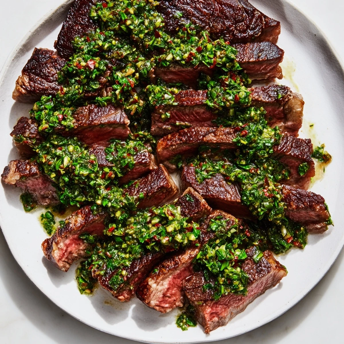 Perfectly seared ribeye steak topped with a vibrant green chimichurri sauce, garnished with fresh parsley and a lemon wedge on a rustic board.