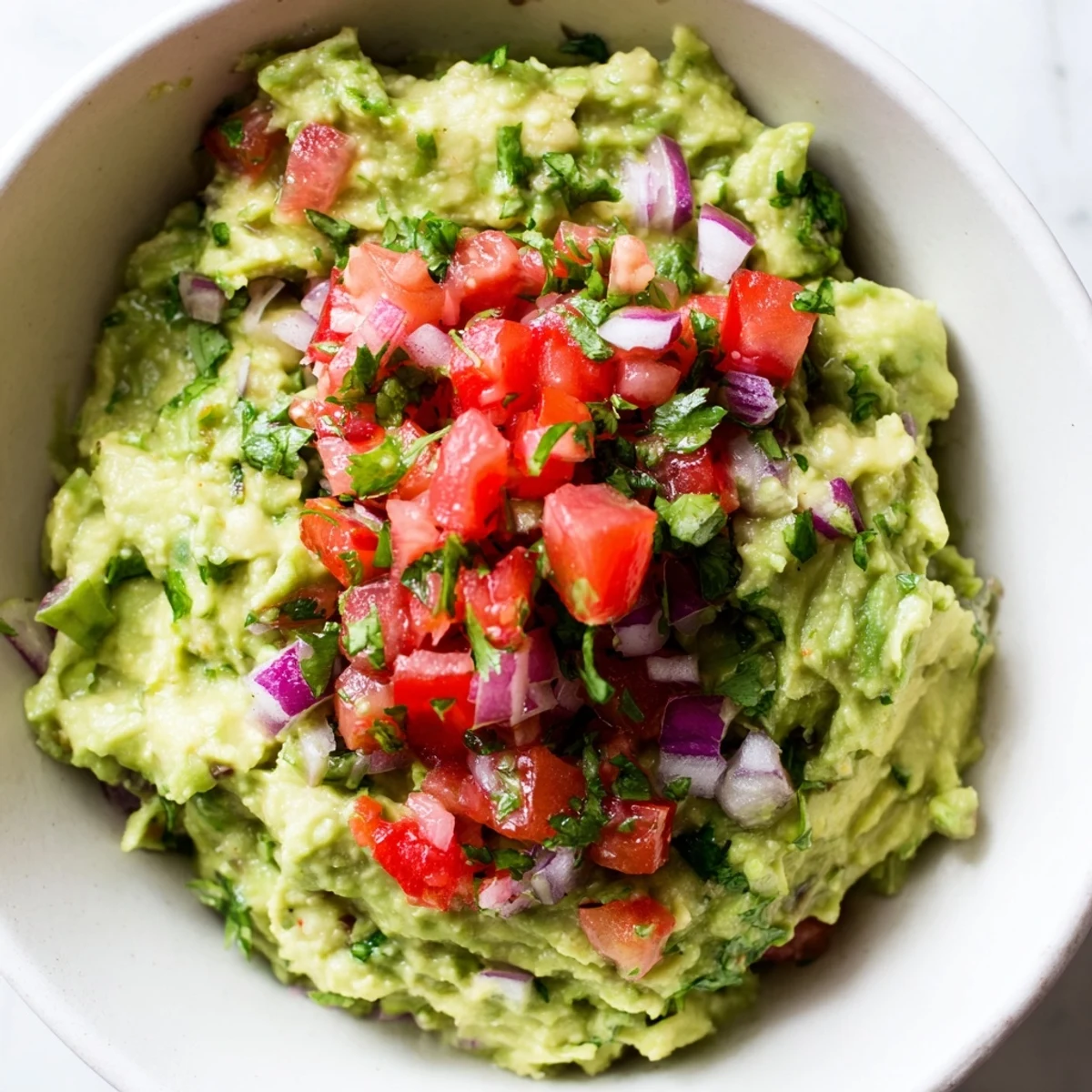 Bright green guacamole swirled with vibrant pico de gallo, featuring diced tomatoes and onions, perfect for dipping or topping tacos.
